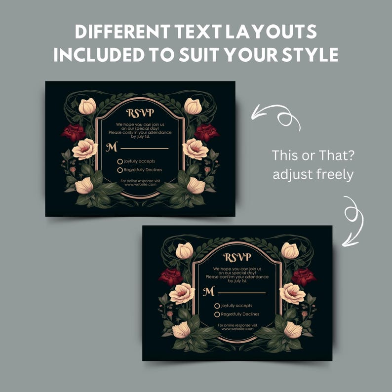 May include: Two black and green floral wedding RSVP cards with gold accents. The text on the cards reads "RSVP" and includes a space for guests to indicate whether they will joyfully accept or regretfully decline the invitation. The text also includes a website address for online responses.