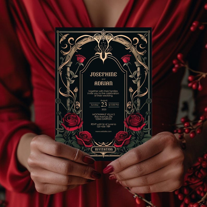 May include: Black wedding invitation with gold accents and red roses. The invitation reads "Josephine and Adrian" and includes the date, time, and location of the wedding. RSVP information is also included.