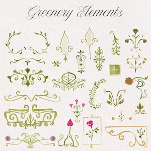 May include: A collection of watercolor illustrations titled Greenery Elements, featuring various green botanical motifs, decorative flourishes, dividers, and small floral accents in shades of green, pink, and brown on a textured white background.