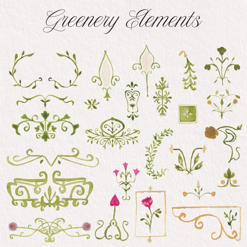 May include: A collection of watercolor illustrations titled Greenery Elements, featuring various green botanical motifs, decorative flourishes, dividers, and small floral accents in shades of green, pink, and brown on a textured white background.