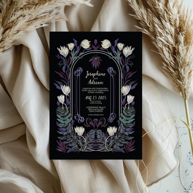 May include: Black wedding invitation with a floral design featuring white flowers, purple leaves, and a gold arch. The text reads "Josephine and Adrian" and includes the date "Aug 23 2025".