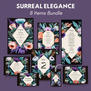 Dark Vivid Floral Wedding Set – 8 Elegant Black Background Items Including Invitation, Menu, RSVP, Gift Tag and More, Editable Templates