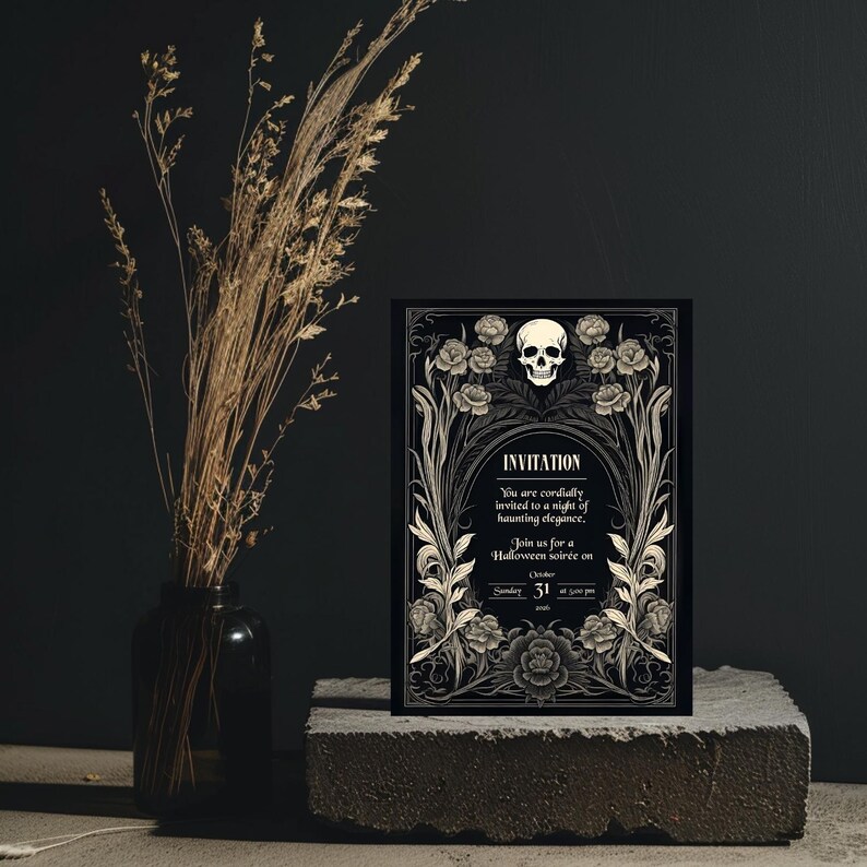 May include: Black and white Halloween invitation with a skull and floral design. The invitation reads "You are cordially invited to a night of haunting elegance. Join us for a Halloween soir&eacute;e on October 31st."