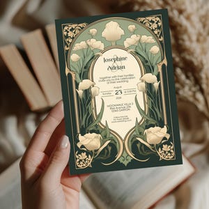 May include: A green and gold wedding invitation with an art nouveau design featuring stylized flowers and the text "Josephine & Adrian" and details about the wedding ceremony.