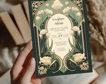 May include: A green and gold wedding invitation with an art nouveau design featuring stylized flowers and the text "Josephine & Adrian" and details about the wedding ceremony.