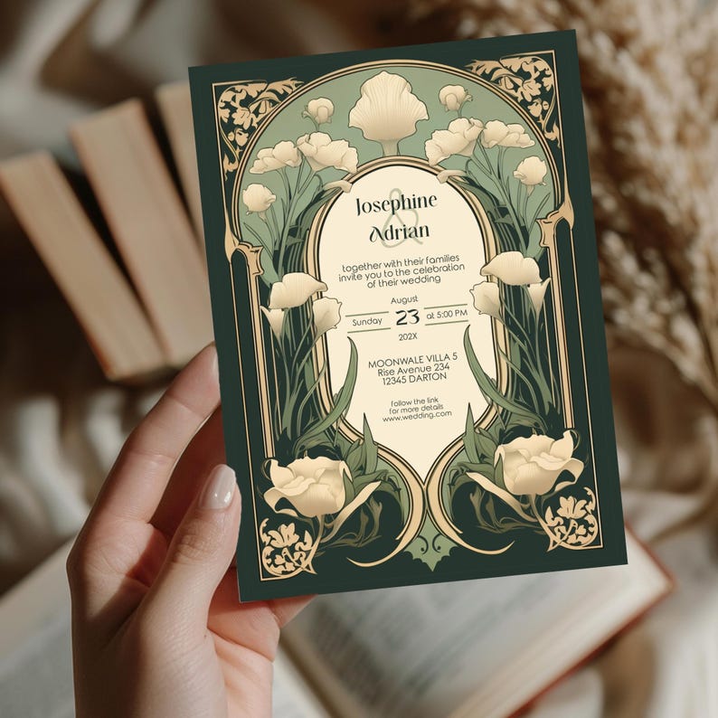 May include: A green and gold wedding invitation with an art nouveau design featuring stylized flowers and the text "Josephine & Adrian" and details about the wedding ceremony.