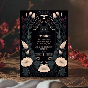May include: A black and white Halloween invitation with a black cat, floral details, and the text "Invitation", "You are cordially invited to a night of haunting elegance.", "Join us for a Halloween soir&eacute;e on", "October 31 at 5:00 pm 2026".