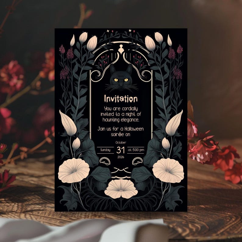May include: A black and white Halloween invitation with a black cat, floral details, and the text "Invitation", "You are cordially invited to a night of haunting elegance.", "Join us for a Halloween soir&eacute;e on", "October 31 at 5:00 pm 2026".