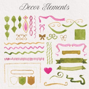 May include: A collection of watercolor illustrations titled Decor Elements, featuring various pink, green, and gold decorative shapes, ribbons, bows, wavy lines, borders, shields, and a heart on a textured white paper background.