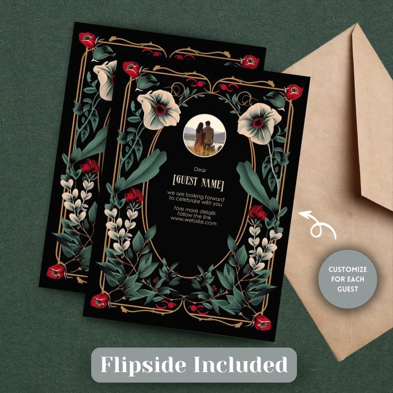 May include: A black and gold wedding invitation with a floral design and a photo of a couple. The text on the invitation reads "Dear [GUEST NAME] we are looking forward to celebrate with you fore more details follow the link www.website.com".