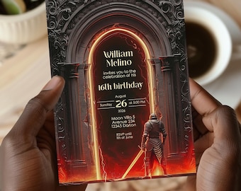 May include: A black and gold birthday invitation with a fiery red archway and a knight in armour. The invitation reads "William Melino invites you to the celebration of his 16th birthday, Sunday August 26 at 5:00 PM 2026, Moon Villa 5 Avenue 234 12345 Darton, RSVP until 11th of June."