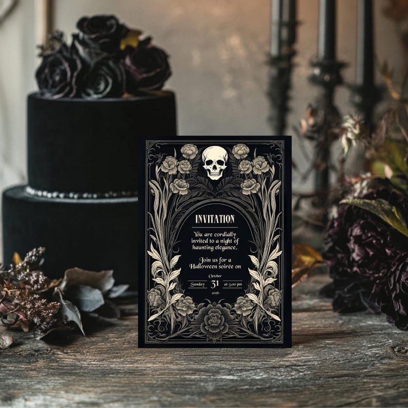 May include: A black and gold Halloween invitation with a skull and floral design. The invitation reads "You are cordially invited to a night of haunting elegance. Join us for a Halloween soir&eacute;e on Sunday, October 31st at 5:00 pm."