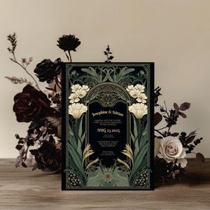 Gothic Floral Wedding Invitation - Green Botanical Vintage Elegance - Instant Digital Download in Size 5x7, Personalize with Corjl