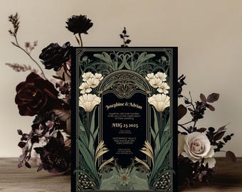 May include: A rectangular wedding invitation card featuring a black background with ornate gold and green floral illustrations. The text reads Josephine & Adrian, together with their families invite you to the celebration of their wedding, AUG 23 2025.