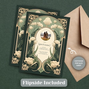 May include: A green and gold wedding invitation with a floral design and a photo of a couple. The text on the invitation reads "Dear [guest name] we are looking forward to celebrate with you fore more detalh follow the link www.website.com".
