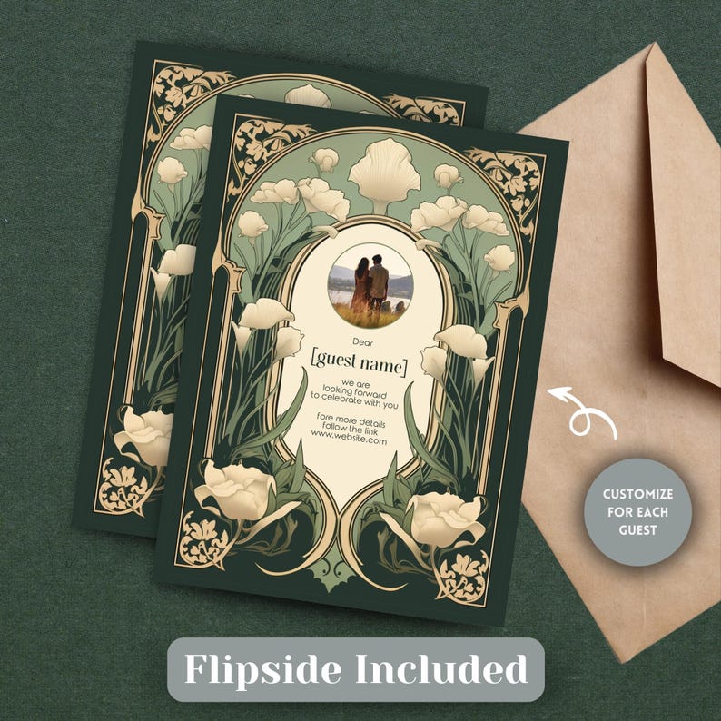 May include: A green and gold wedding invitation with a floral design and a photo of a couple. The text on the invitation reads "Dear [guest name] we are looking forward to celebrate with you fore more detalh follow the link www.website.com".