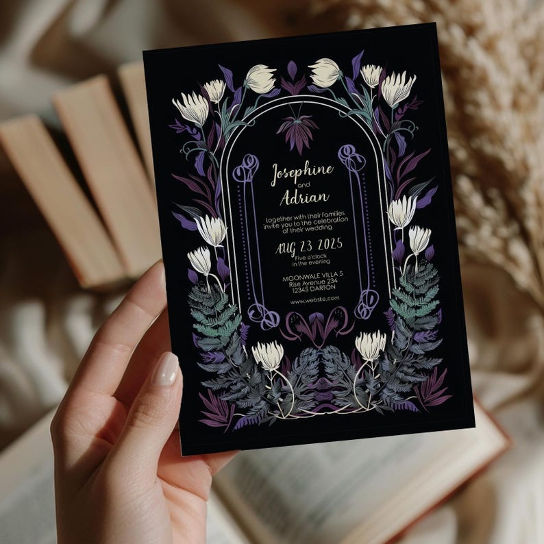 May include: Black wedding invitation with a floral design featuring white flowers, purple and green leaves, and a gold arch. The text reads "Josephine and Adrian together with their families invite you to the celebration of their wedding Aug 23 2025 five o'clock in the evening MOONWALE VILLA 5 Rise Avenue 234 12345 DARTON www.webskn.com"
