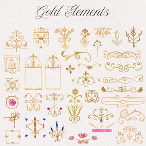 May include: A collection of gold-colored decorative elements and flourishes arranged on a white background. The text "Gold Elements" appears at the top. The set includes various hand-drawn style frames, floral motifs, and scrollwork dividers.