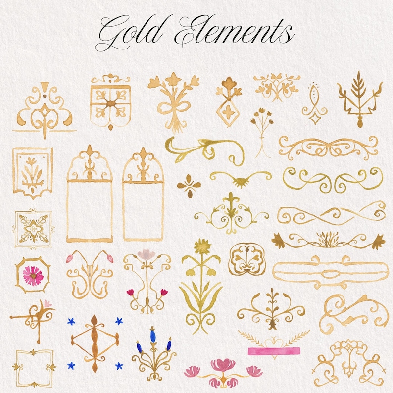 May include: A collection of gold-colored decorative elements and flourishes arranged on a white background. The text "Gold Elements" appears at the top. The set includes various hand-drawn style frames, floral motifs, and scrollwork dividers.