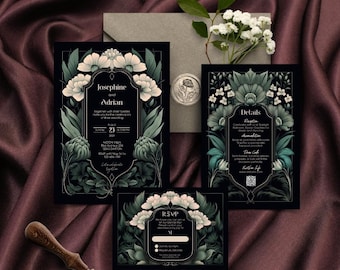Dark Art Nouveau Wedding Invitation Set - Green Gothic Botanical Suite with Invitation, RSVP & Details Card