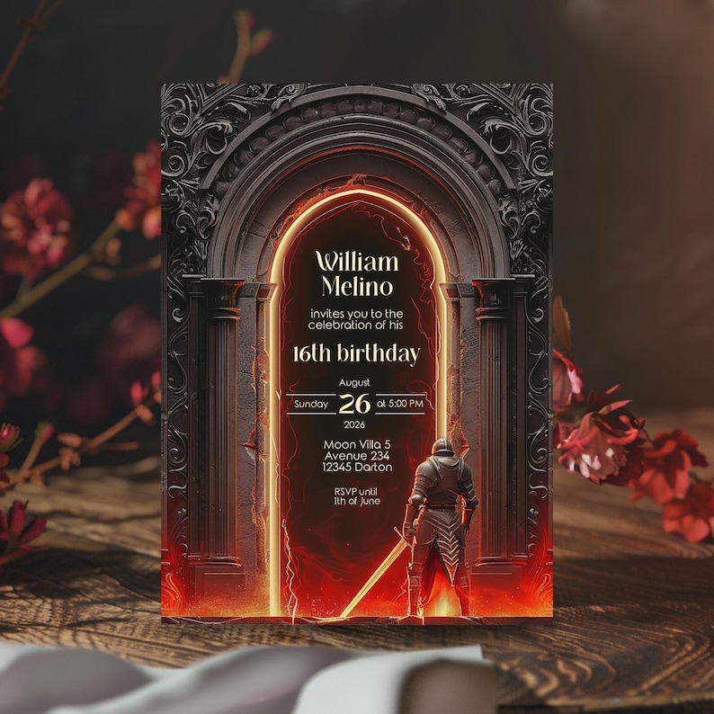 Fantasy Gothic Birthday Invitation - Medieval Knight and Glowing Fire Portal Design - Instant Download, 5x7, Personalize with Corjl bild 3