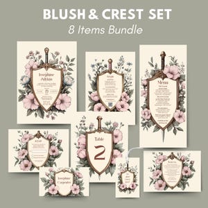Blush Medieval Wedding Invitation Set - Soft Floral Crest and Sword Bundle, Editable 8 items, With RSVP, Menu & More, Digital Download