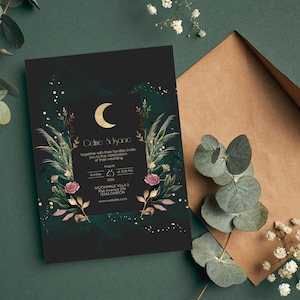 May include: A black wedding invitation with gold lettering and a crescent moon design. The invitation features a floral illustration with green leaves and pink flowers. The text reads "Celine & Isaac together with their families invite you to the celebration of their wedding Sunday August 23 2025 at 5:00 PM MOONWALE VILLA 5 Rise Avenue 234 12345 DARION www.webske.com"