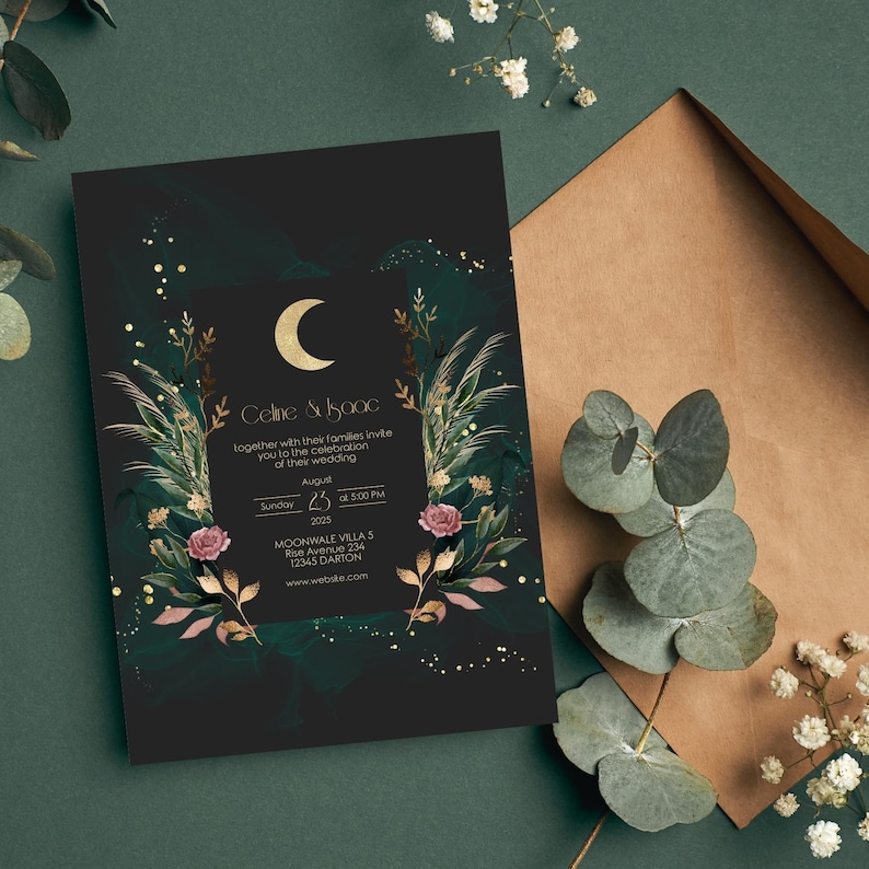 May include: A black wedding invitation with gold lettering and a crescent moon design. The invitation features a floral illustration with green leaves and pink flowers. The text reads "Celine & Isaac together with their families invite you to the celebration of their wedding Sunday August 23 2025 at 5:00 PM MOONWALE VILLA 5 Rise Avenue 234 12345 DARION www.webske.com"
