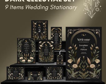 Può includere: Un set di nove biglietti da matrimonio neri con dettagli dorati e illustrazioni floreali. I biglietti includono un cartello di benvenuto, un biglietto con il numero del tavolo, un menu e un biglietto RSVP. Il testo sui biglietti recita "Benvenuti al matrimonio di Josephine e Adrian".