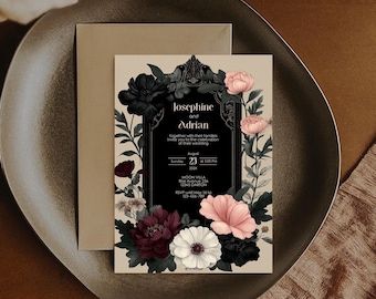May include: A wedding invitation with a black and white floral design. The invitation features a black frame with the names Josephine and Adrian, the date August 23, 20XX, and the time 5:00 PM. The invitation also includes the location Moon Villa, Rise Avenue 234, 12345 Darton, and the RSVP information.