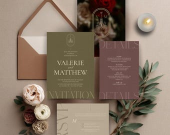 Romantic Vintage Wedding Invitation Set – Classy Elegance with Chandelier and Flowers with Invite, RSVP & Details Card, Editable Templates