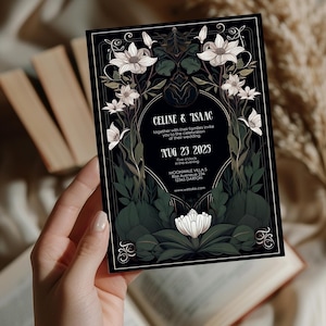 May include: Black wedding invitation with gold accents and white flowers. The text reads "CELINE & ISAAC" and includes the date "AUG 23 2025" and the location "MOONWALE VILLAS, Rise Avenue 234, 12345 DARTON".