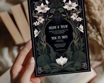 May include: Black wedding invitation with gold accents and white flowers. The text reads "CELINE & ISAAC" and includes the date "AUG 23 2025" and the location "MOONWALE VILLAS, Rise Avenue 234, 12345 DARTON".