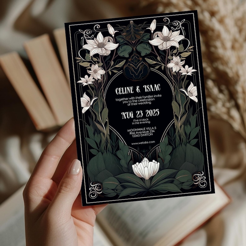 May include: Black wedding invitation with gold accents and white flowers. The text reads "CELINE & ISAAC" and includes the date "AUG 23 2025" and the location "MOONWALE VILLAS, Rise Avenue 234, 12345 DARTON".