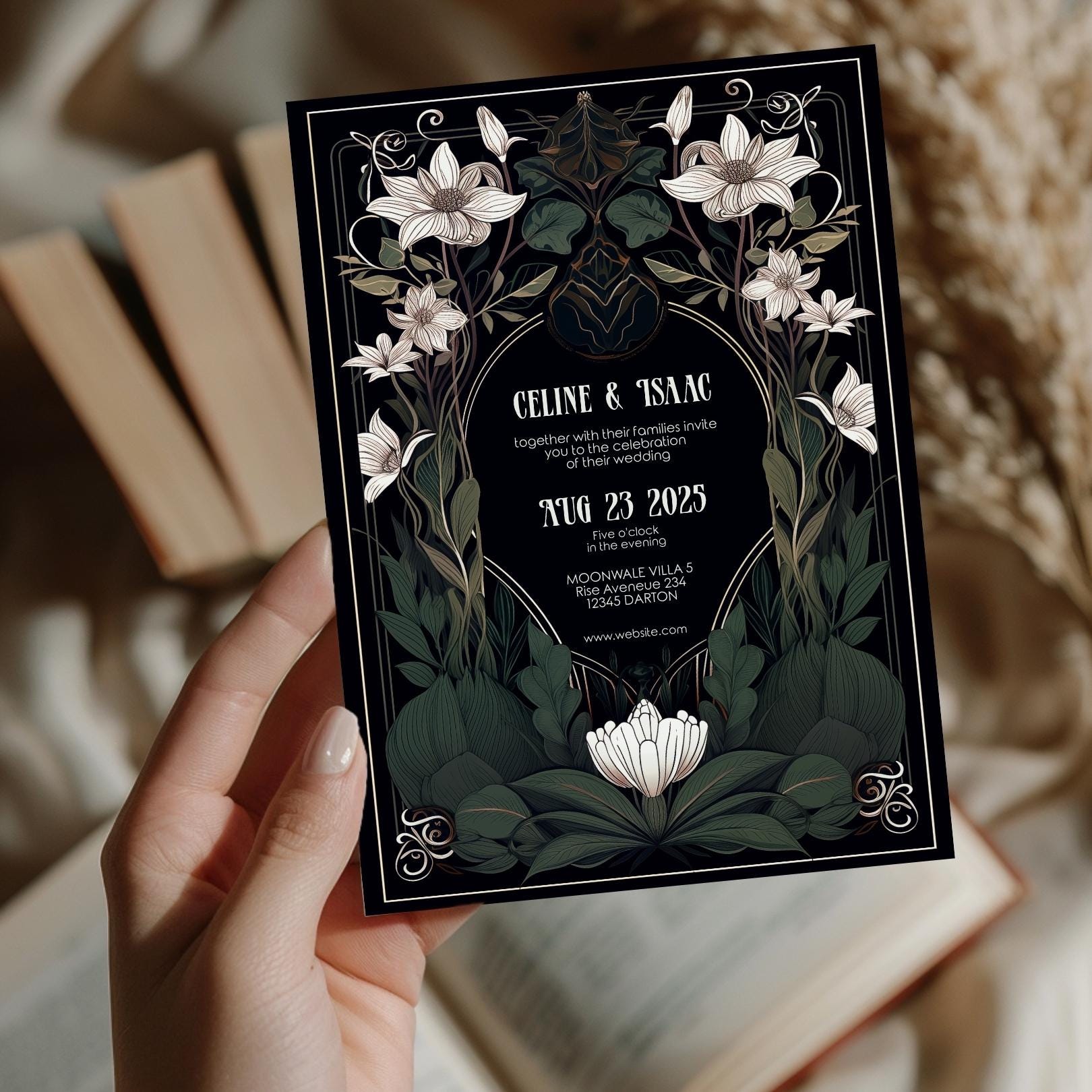 Gothic Art Deco Wedding Invitation – Black Floral, Greenery