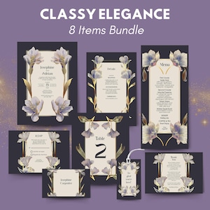 Dark Royal Wedding Invitation Set - Blue and Purple Floral Design Stationery, Editable 8 items, RSVP, Menu, Details & More, Digital Download