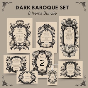 Può includere: Un set Dark Baroque di 8 articoli, tra cui inviti, menu e biglietti di ringraziamento. Ogni articolo presenta un design floreale con cornici ornate e il testo "Josephine Adrian", "Details", "Menu", "RSVP", "Table 2", "Josephine Carpenter", "So glad you're here" e "Thank you".