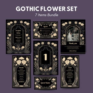 Gothic Botanical Wedding Bundle - Elegant Vintage Black and White Floral 7-Piece Set with RSVP, Menu, Table Cards & More, Editable Templates