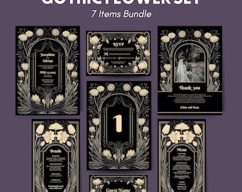 Könnte beinhalten: Ein Set aus 7 druckbaren Hochzeitspapeterie-Vorlagen mit einem gotischen Blumendesign in Schwarz und Gold. Das Set beinhaltet eine Einladung, eine RSVP-Karte, eine Detailkarte, ein Menü, eine Dankeskarte, eine Tischnummernkarte und eine Gästekartenkarte.