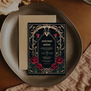 May include: A black wedding invitation with gold accents and red roses. The invitation features the names Josephine and Adrian, the date August 23, 2005, and the time 3:00 PM. The invitation also includes the location Moonwale Villa S, Rise Avenue 234, 12345 Darton, and the RSVP information.