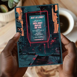 Può includere: Un invito a tema futuristico con un bordo rosso al neon. Il testo recita "Suit Up, Cadet. Join me as I celebrate my 30th Orbit Around the Sun. When: Saturday, June 15, 11:00 PM. Where: Sector B, The Neon Dome, Hyper City. The Universe Awaits Your RSVP. -Transmission End- "