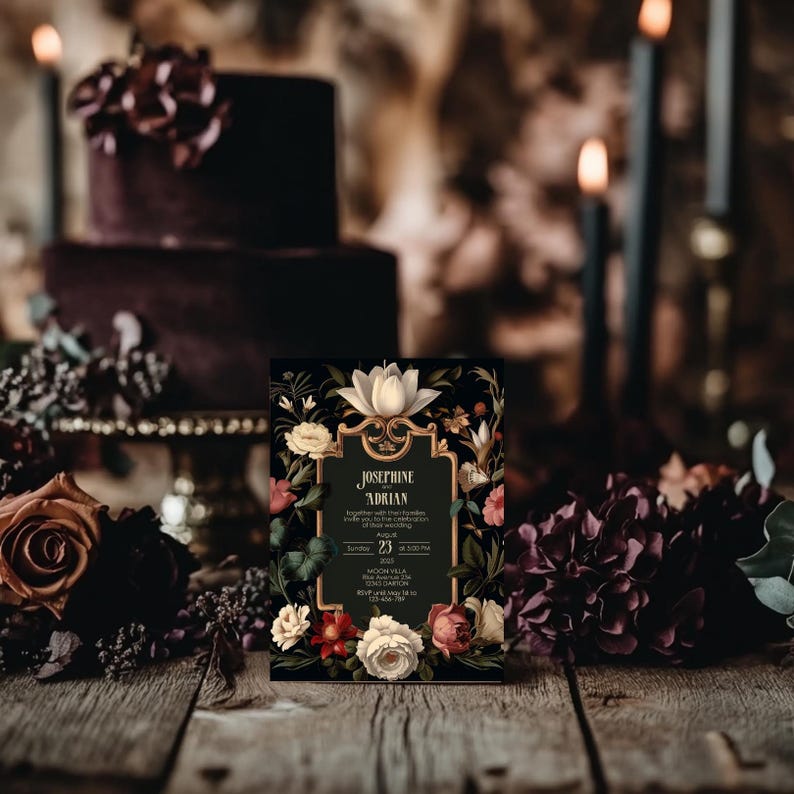 May include: A black and gold wedding invitation with floral details. The invitation features a dark background with a gold frame and a white flower. The text on the invitation reads "Josephine Adrian" and includes the date and time of the wedding.