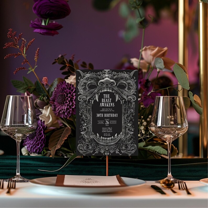 May include: A black and white invitation card with a gothic design featuring a snarling beast with the text "The Beast Awakens" and "30th Birthday".