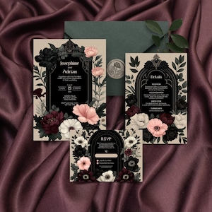 Gothic Floral Wedding Invitation Suite - Black & Burgundy Botanical Elegance, Invitation, RSVP and Details Card, Editable Templates, 3 Items