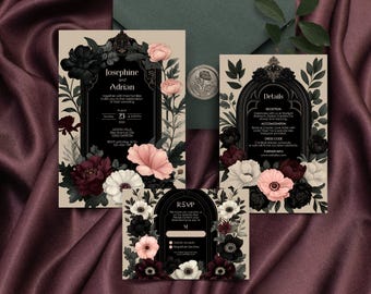 Gothic Floral Wedding Invitation Suite - Black & Burgundy Botanical Elegance, Invitation, RSVP and Details Card, Editable Templates, 3 Items