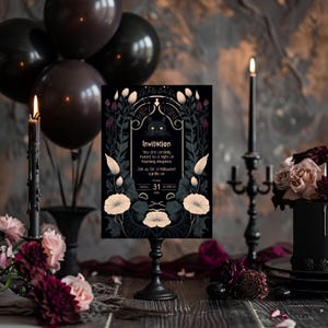 May include: A black and white Halloween party invitation with a black cat illustration and floral accents. The invitation reads "You are cordially invited to a night of haunting elegance. Join us for a Halloween soiree on October 31st at 5:00 pm."