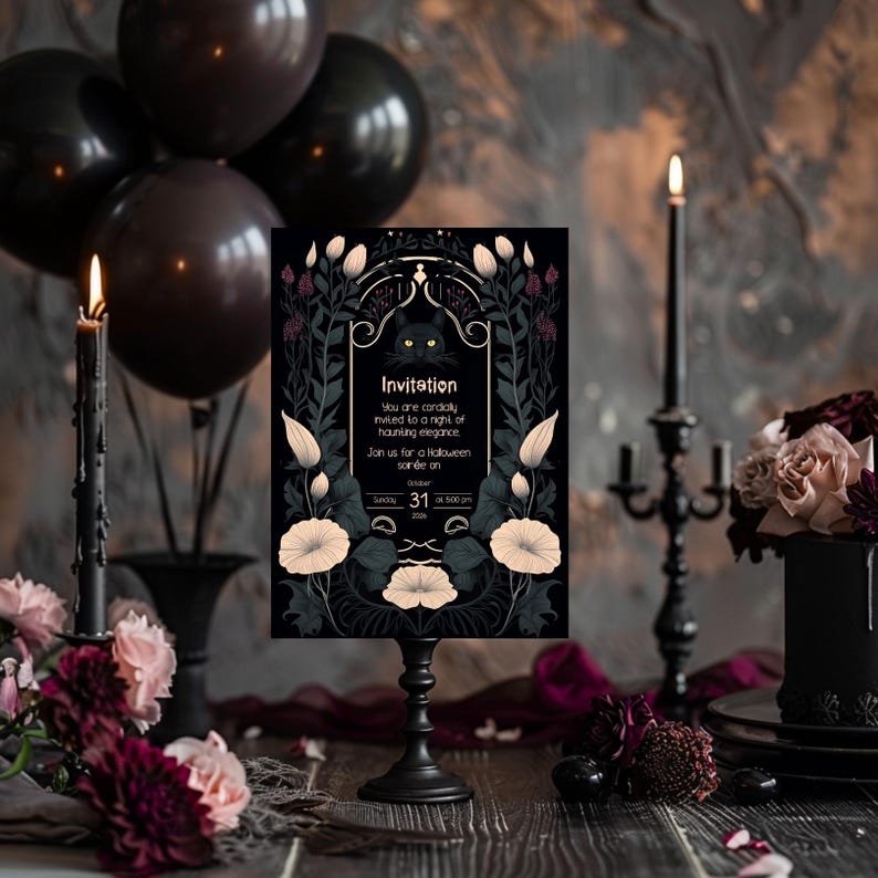 May include: A black and white Halloween party invitation with a black cat illustration and floral accents. The invitation reads "You are cordially invited to a night of haunting elegance. Join us for a Halloween soiree on October 31st at 5:00 pm."
