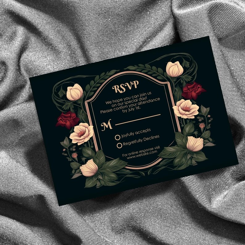 May include: Black RSVP card with gold trim and floral accents. The text reads "RSVP" and "We hope you can join us on our special day! Please confirm your attendance by July 1st. M joyfully accepts Regretfully Declines For online response visit www.website.com"