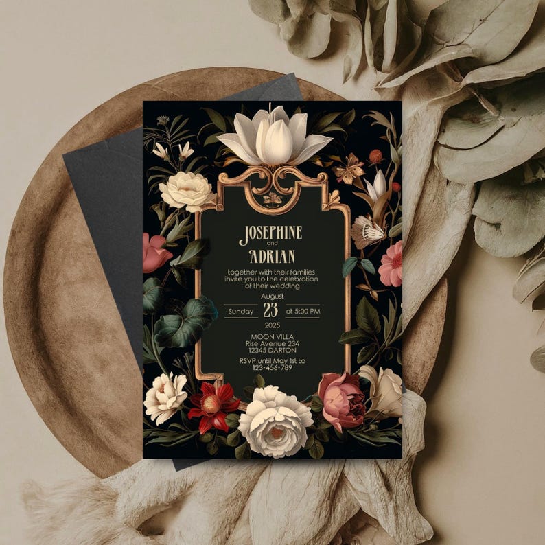 May include: A black wedding invitation with gold accents and floral designs. The invitation features the names Josephine and Adrian, the date August 23, 2025, and the time 5:00 PM. The invitation also includes the location, Moon Villa, Rise Avenue 234, 12345 Darton, and the RSVP information.