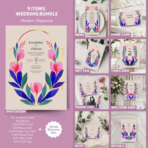 Cute Flower Wedding Invitation Set – Colorful Floral Pattern, Tulips, 9 Item Bundle with RSVP, Menu, Welcome Sign & More, Editable Templates